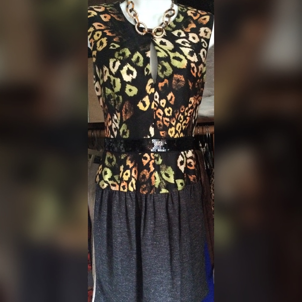 Rachel Roy Dress with Sequins Waistband Pockets Floral Top Mixed Materials